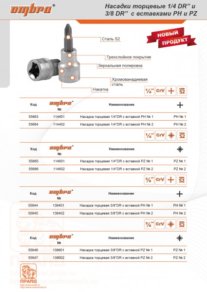 Ombra 114601 Насадка торцевая 1/4"DR с вставкой-битой POZIDRIV®, PZ1 114601