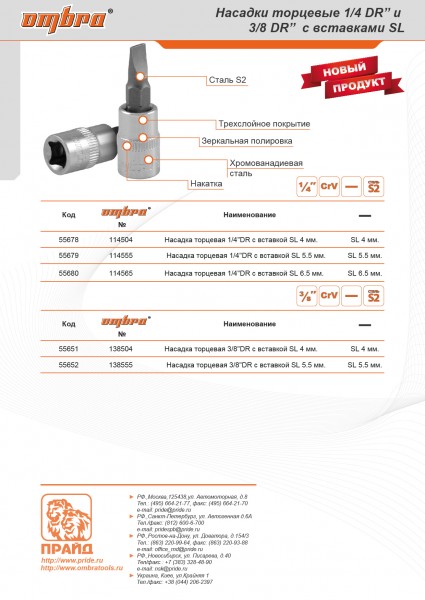 Ombra 114504 Насадка торцевая 1/4"DR с вставкой-битой шлицевой, SL4 114504