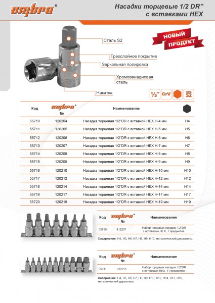 Ombra 120212 Насадка торцевая 1/2"DR с вставкой-битой шестигранной, Н12 120212